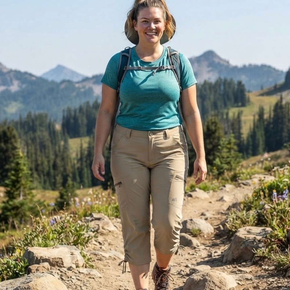 Eddie Bauer First Ascent Women 14 Tan Slim Fit Hiking Capri Pants Zip Pockets